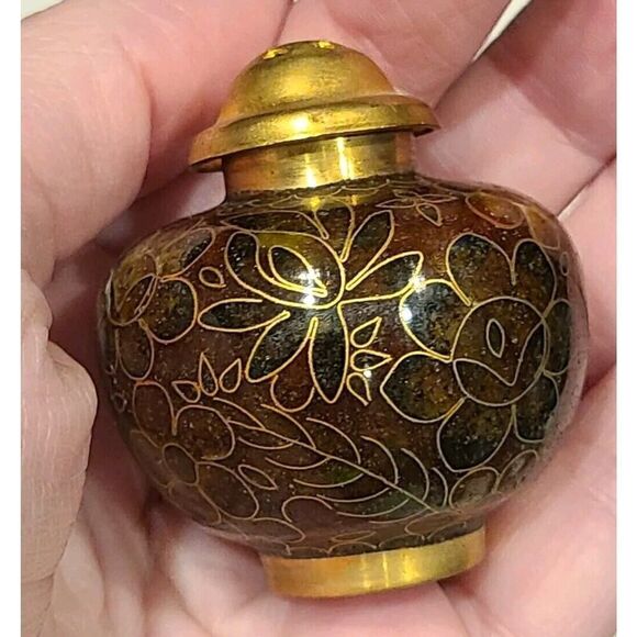 Cloisonné Open Salt Bowl Cellar Pepper Shaker Flower Enamel Brass Stacking Brown - Picture 6 of 8
